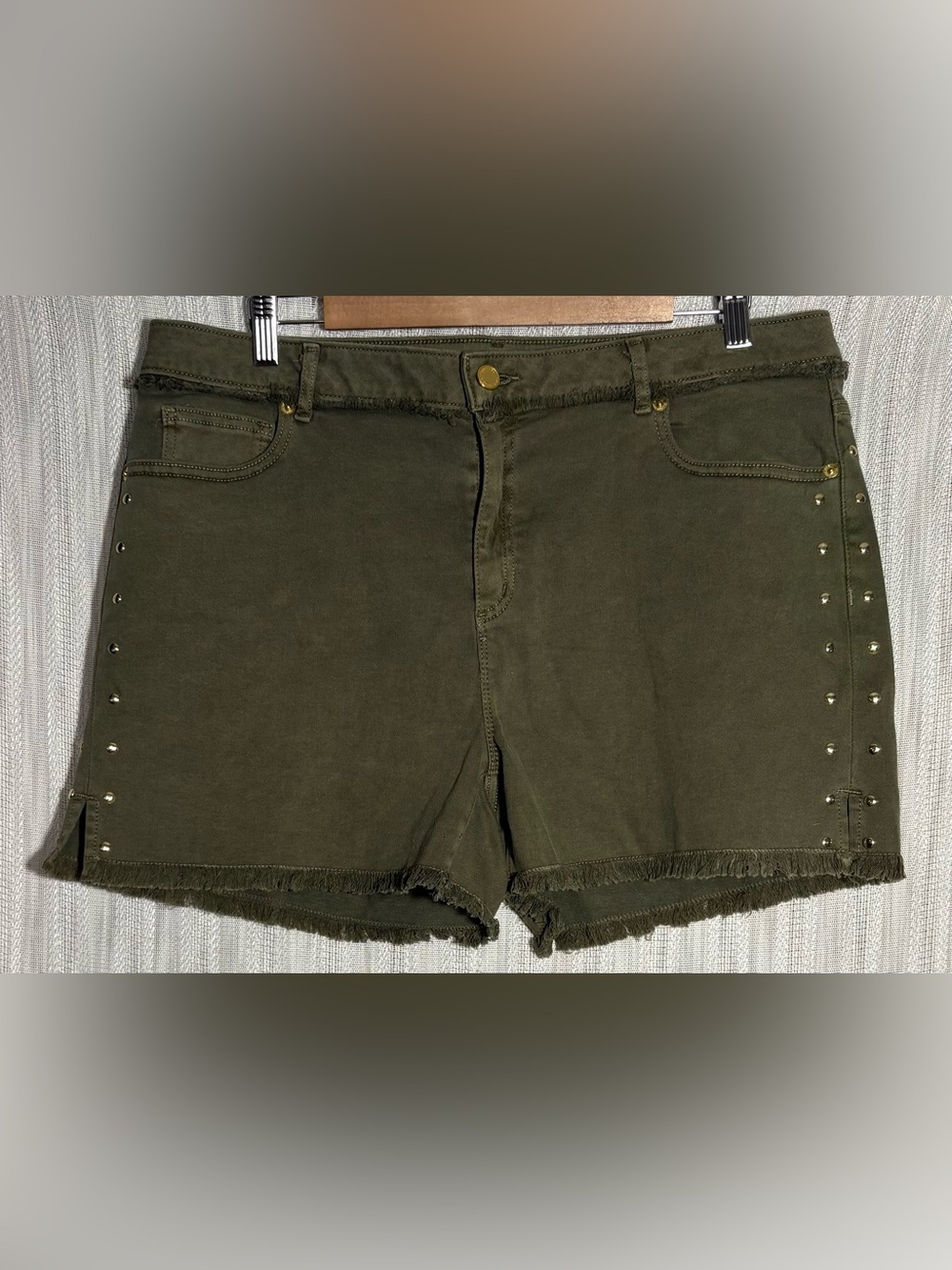 Michael Kors Olive Green Studded Frayed-Hem Denim Shorts